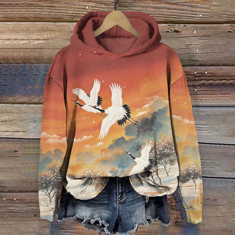 Japanese Art White Crane Art Print Long Sleeve Hoodie - Orange - US44-46(8XL) - image 1