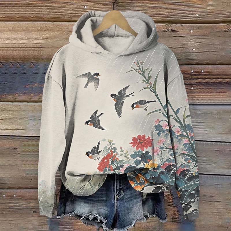 Floral And Bird Art Print Long Sleeve Hoodie - Beige - US44-46(8XL) - image 1
