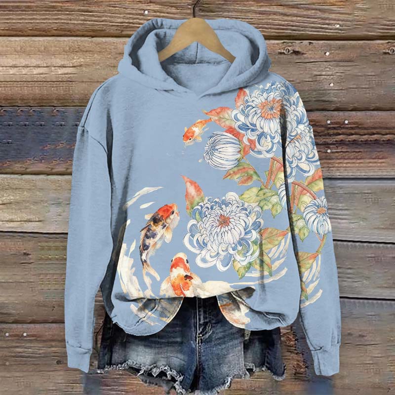Koi And Chrysanthemum Art Print Long Sleeve Hoodie - Blue - US44-46(8XL) - image 2