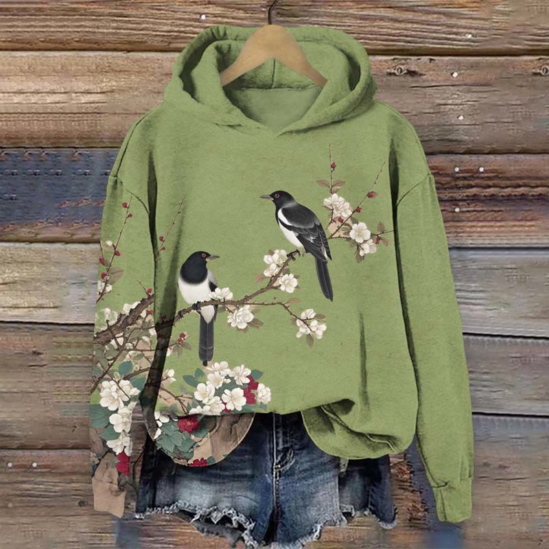Black-feathered Birds And Flowers Art Print Long Sleeve Hoodie - Green - US44-46(8XL) - image 2