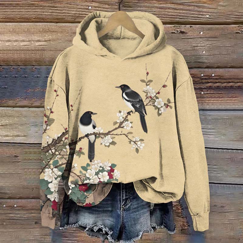 Black-feathered Birds And Flowers Art Print Long Sleeve Hoodie - Yellow - US44-46(8XL) - image 1