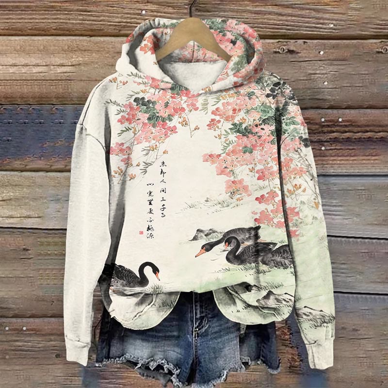  Duck and Pond Art Painting Print Long Sleeve Hoodie - Beige - US44-46(8XL) - image 1