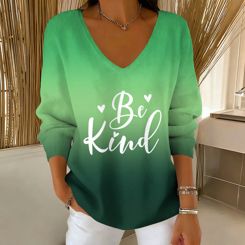 Women's Suicide Awareness BE KIND Print V-Neck Long Sleeve Sweater - Green - 5XL - image 2