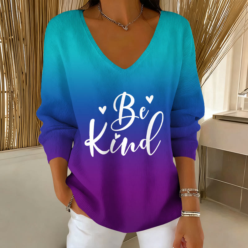 Women's Suicide Awareness BE KIND Print V-Neck Long Sleeve Sweater - Blue - 5XL - image 1