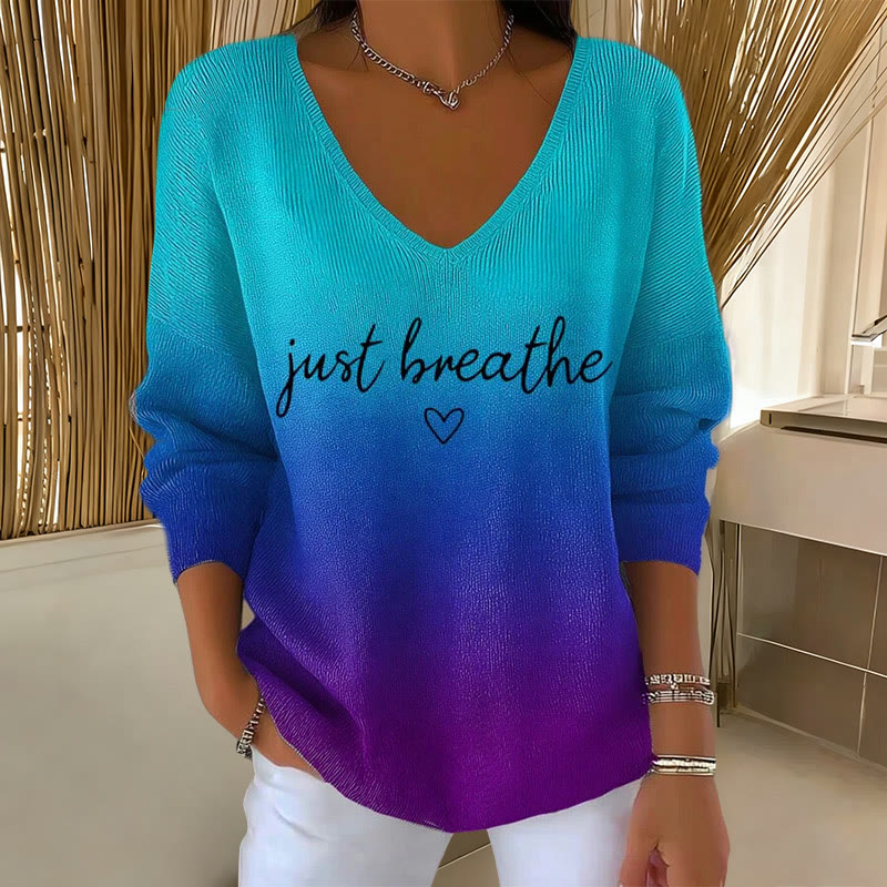  Just Breathe Print V-Neck Long Sleeve Sweater - Blue - 5XL - image 1