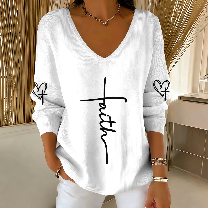 Women's Faith Print V-Neck Long Sleeve Sweater - White - 5XL - image 1