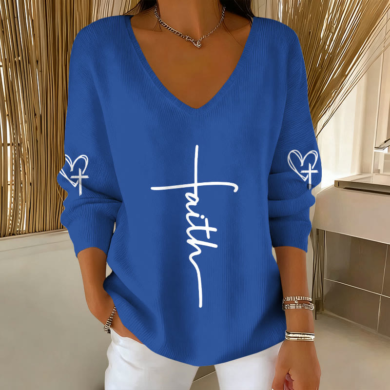 Women's Faith Print V-Neck Long Sleeve Sweater - Blue - 5XL - image 2