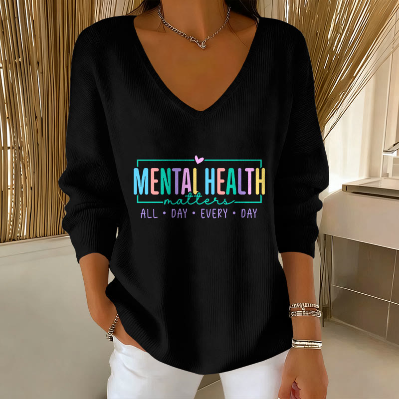 Mental Health  Print V-Neck Long Sleeve Sweater - Black - 5XL - image 2