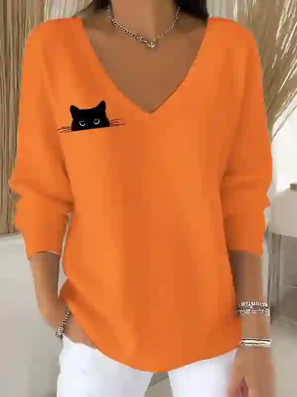 Cat print V-neck long sleeved sweater - Orange - 5XL - image 3
