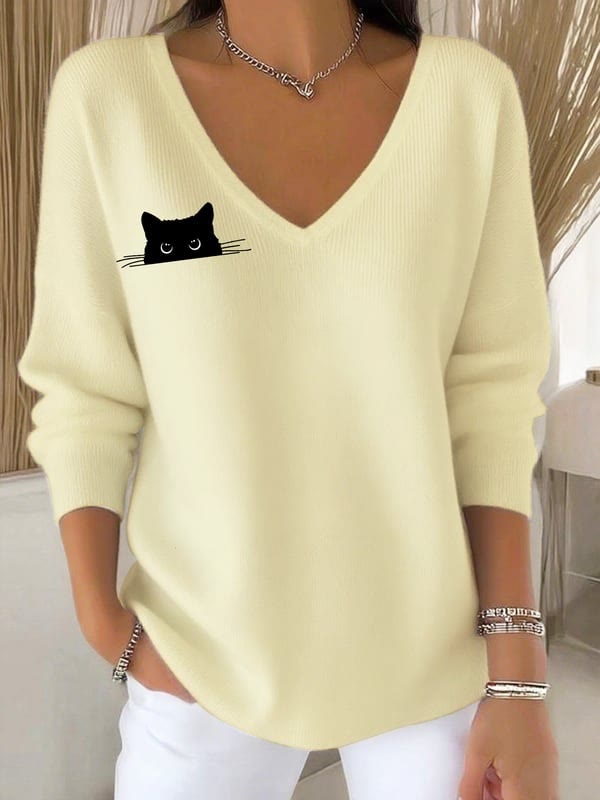 Cat print V-neck long sleeved sweater - Apricot - 5XL - image 1