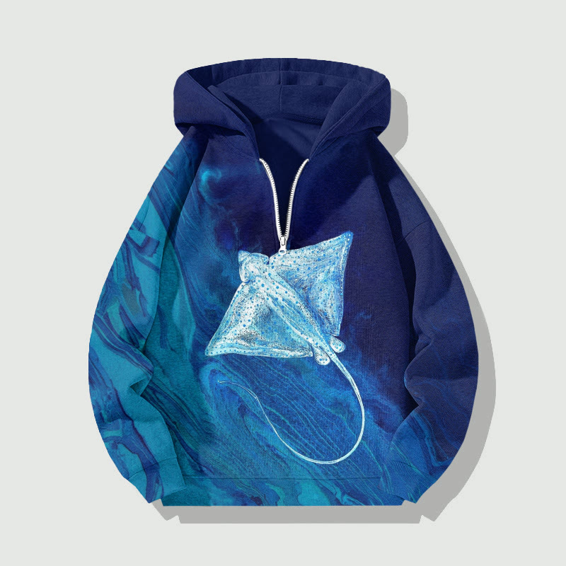 Unisex Manta Ray Art Painting Print Half Zip Hoodie - Blue - US32-34(5XL) - image 1