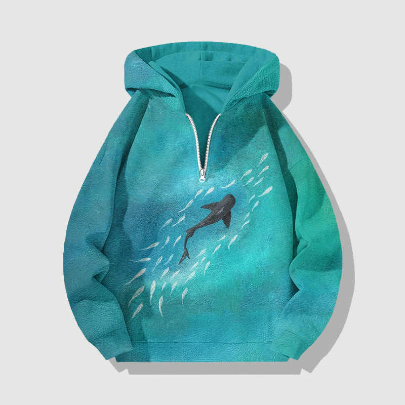 Unisex Artistic Ocean Fish Shoal Painting Print Half Zip Hoodie - Lake Blue - US32-34(5XL) - image 1