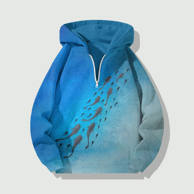 Unisex Deep-sea Fish School Art Painting Print Half Zip Hoodie - Blue - US32-34(5XL) - image 1