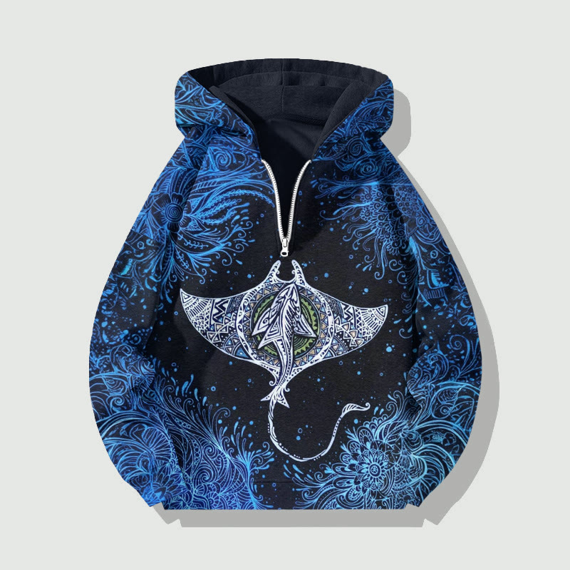 Unisex Retro Manta Ray Pattern Art Print Half Zip Hoodie - Black - US32-34(5XL) - image 1