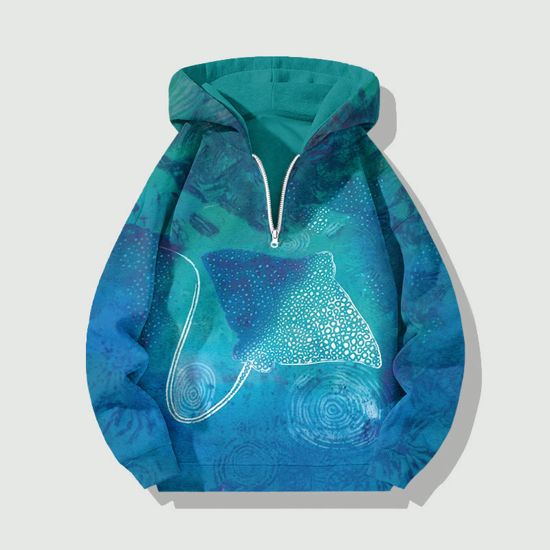 Unisex Dreamy Underwater Manta Ray Art Print Half Zip Hoodie - Lake Blue - US32-34(5XL) - image 1