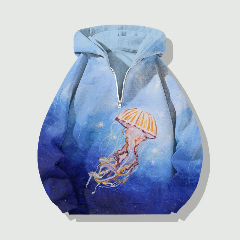 Unisex Star Jellyfish Art Painting Print Half Zip Hoodie - Blue - US32-34(5XL) - image 1
