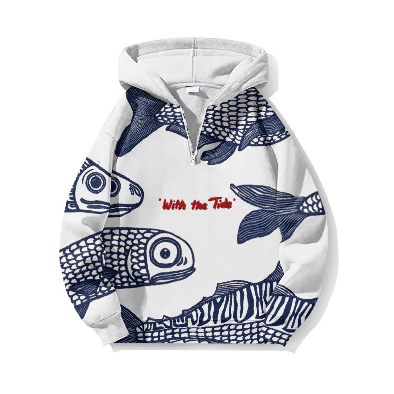 Chunky Knit Japanese Art Fish With The Tide Print Half Zip Hoodie - White - US32-34(5XL) - image 1