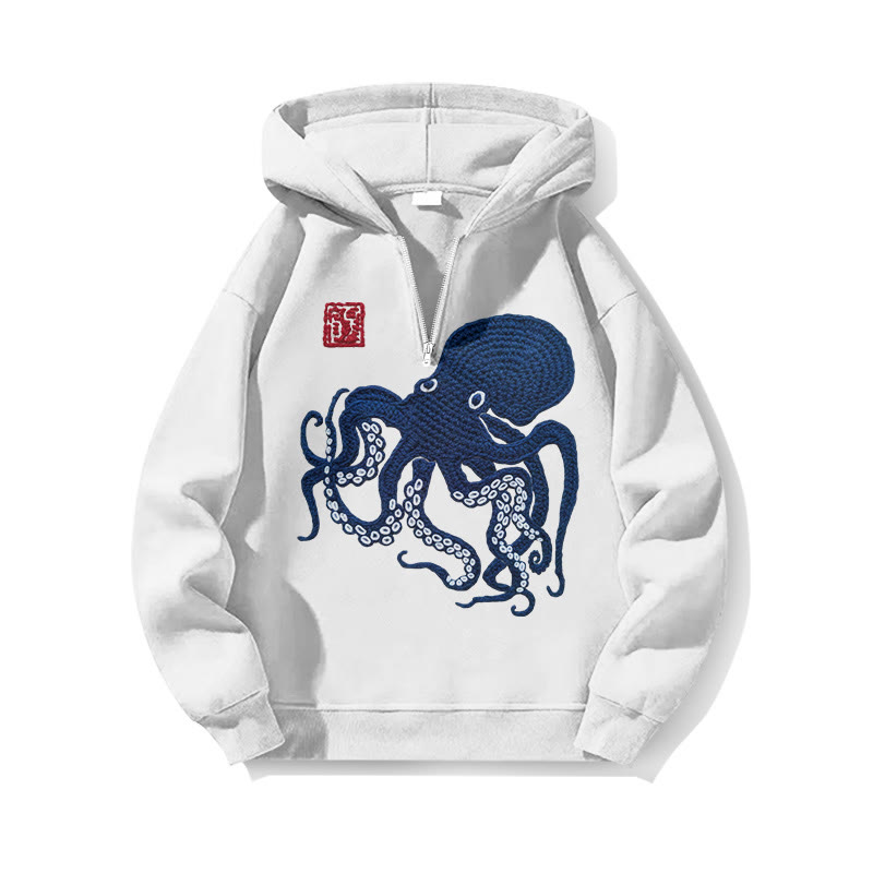 Chunky Knit Japanese Art Octopus Print Half Zip Hoodie - White - US32-34(5XL) - image 1