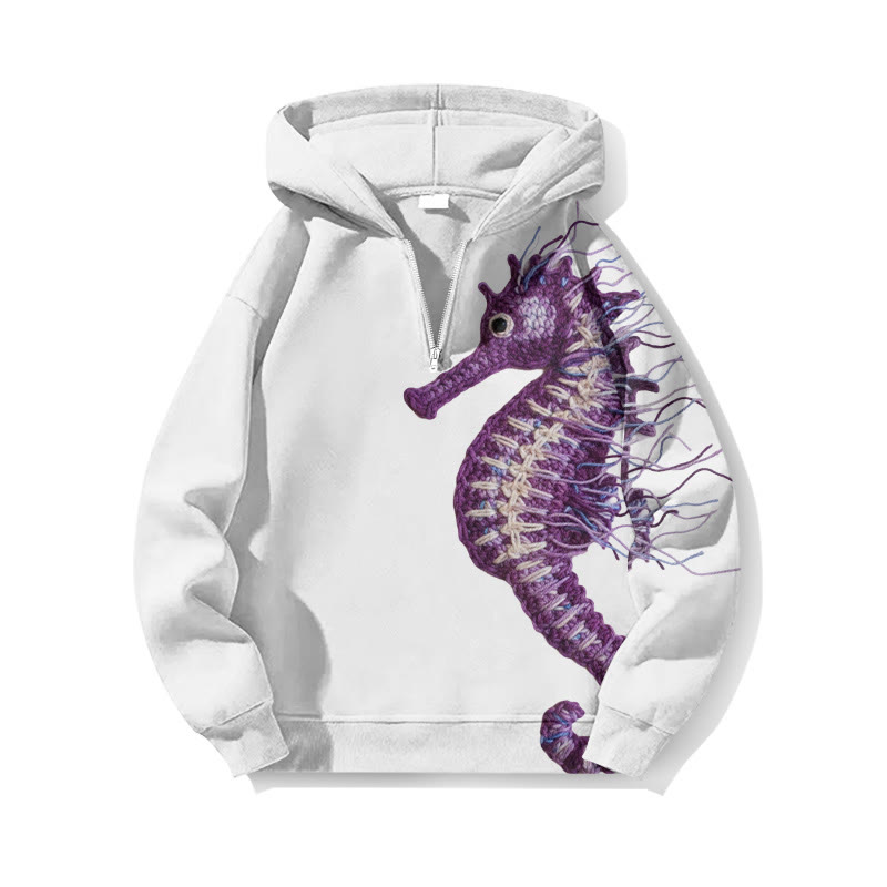 Chunky Knit Seahorse Asymmetrical Print Half Zip Hoodie - White - US32-34(5XL) - image 1