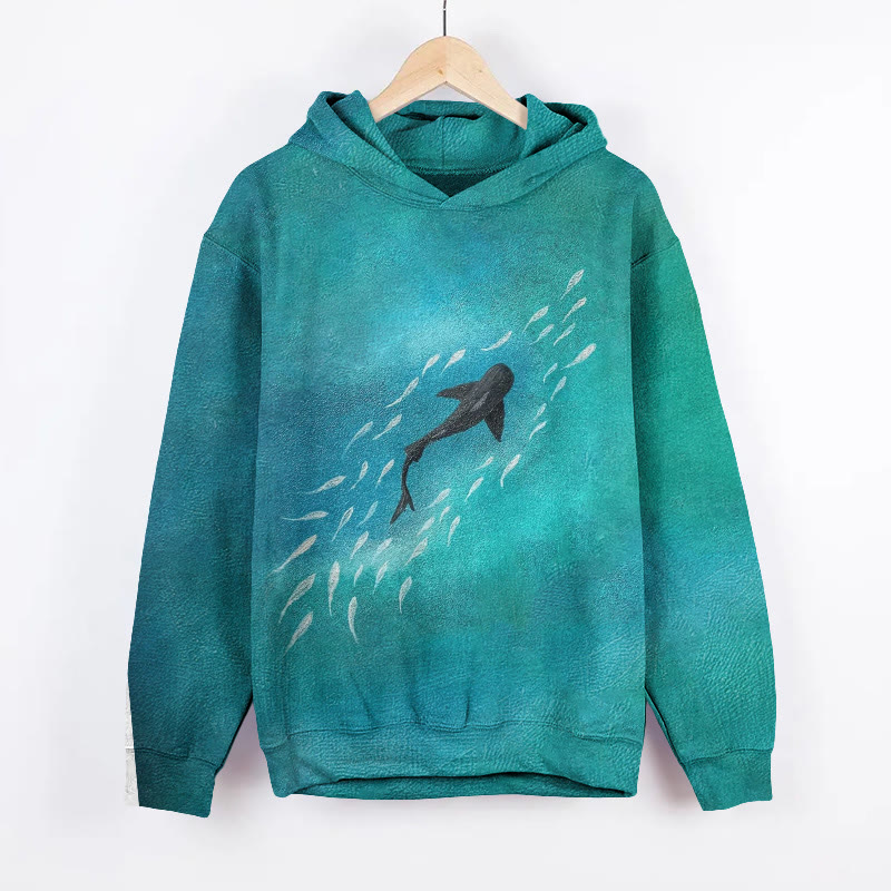 Artistic Ocean Fish Shoal Painting Print Long Sleeve Hoodie - Lake Blue - 8XL - image 1