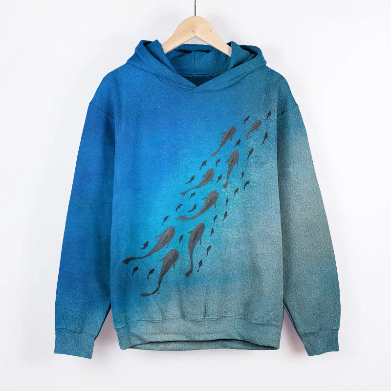 Deep-sea Fish School Art Painting Print Long Sleeve Hoodie - Blue - 8XL - image 1