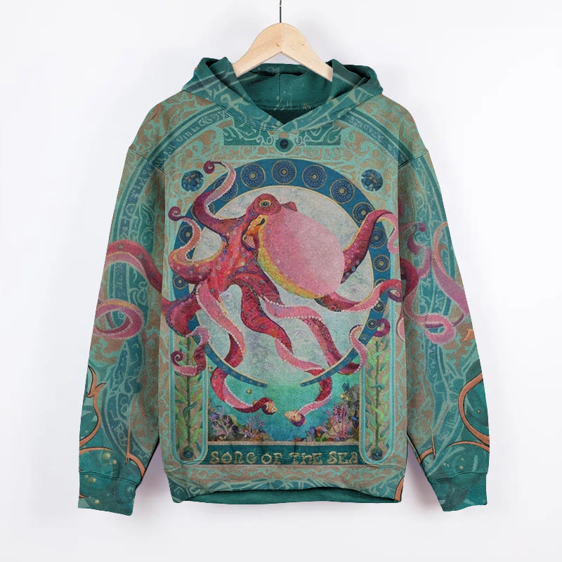 Retro Octopus Pattern Print Long Sleeve Hoodie - Green - 8XL - image 1