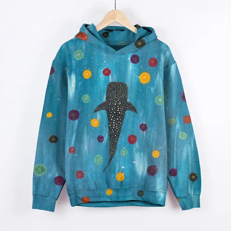 Multi-colored Fun Whale Print Long Sleeve Hoodie - Blue - 8XL - image 1
