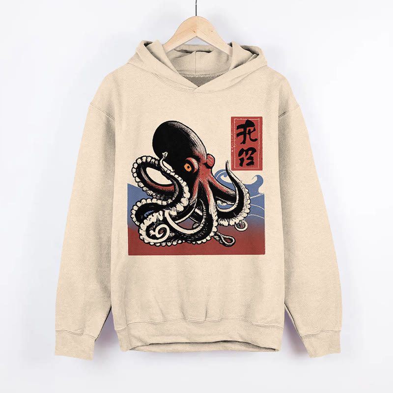 Japanese Octopus Wave Pattern Print Long Sleeve Hoodie - Apricot - 8XL - image 1