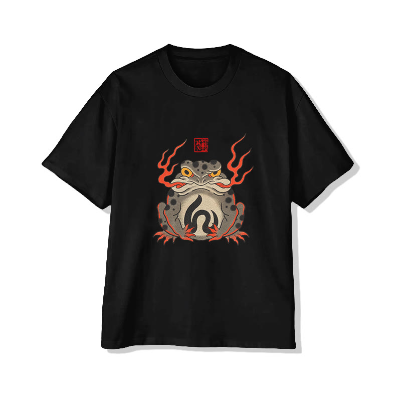 Unisex Fire-breathing Frog Japanese Short Sleeve Crew Neck T-shirt - Black - 2XL - image 2