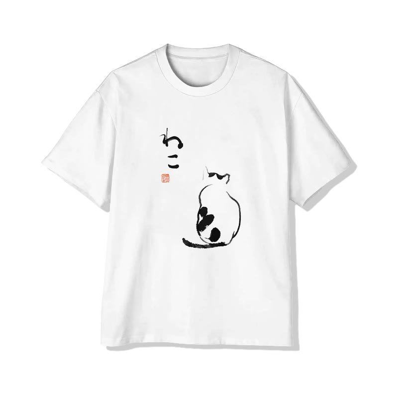 Unisex Japanese Art Cat Short Sleeve Crew Neck T-shirt - White - 2XL - image 1