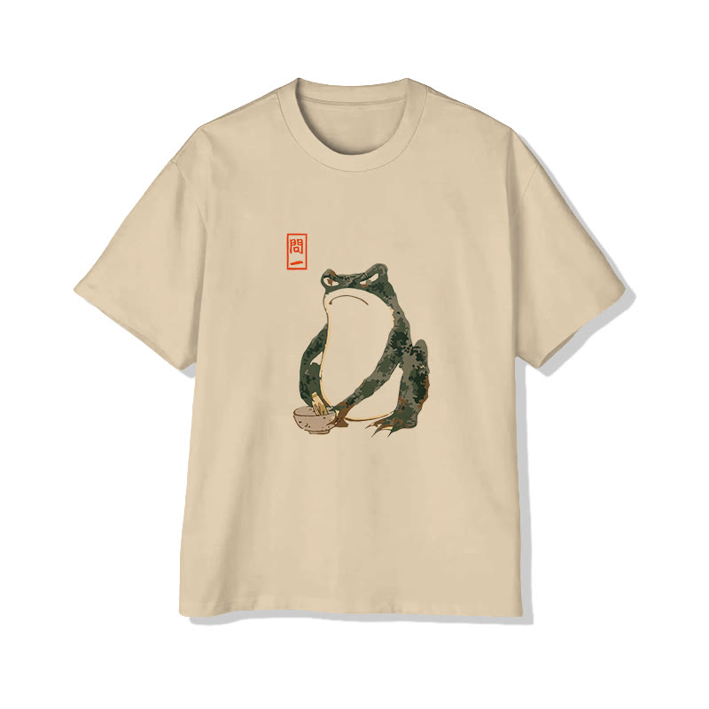 Unisex Japanese Art Cute Frog Short Sleeve Crew Neck T-shirt - Apricot - 2XL - image 1