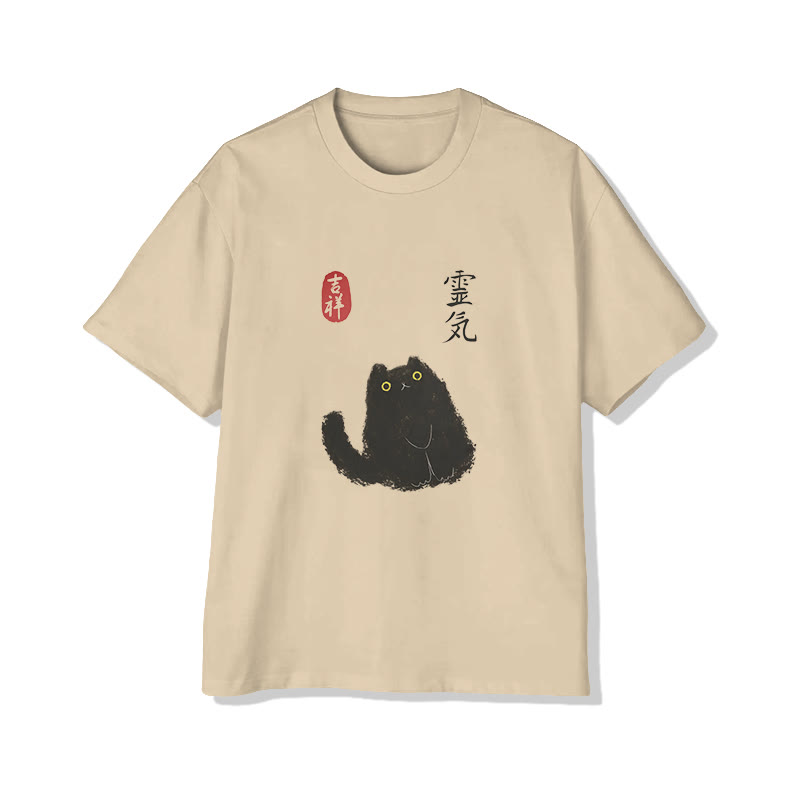 Unisex Retro Japanese Cat Short Sleeve Crew Neck T-shirt - Apricot - 2XL - image 1