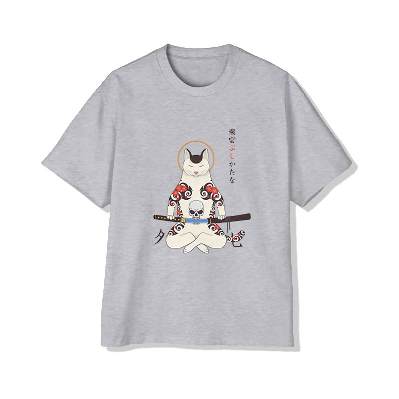 Unisex Japanese Samurai Cat Short Sleeve Crew Neck T-shirt - Grey - 2XL - image 2