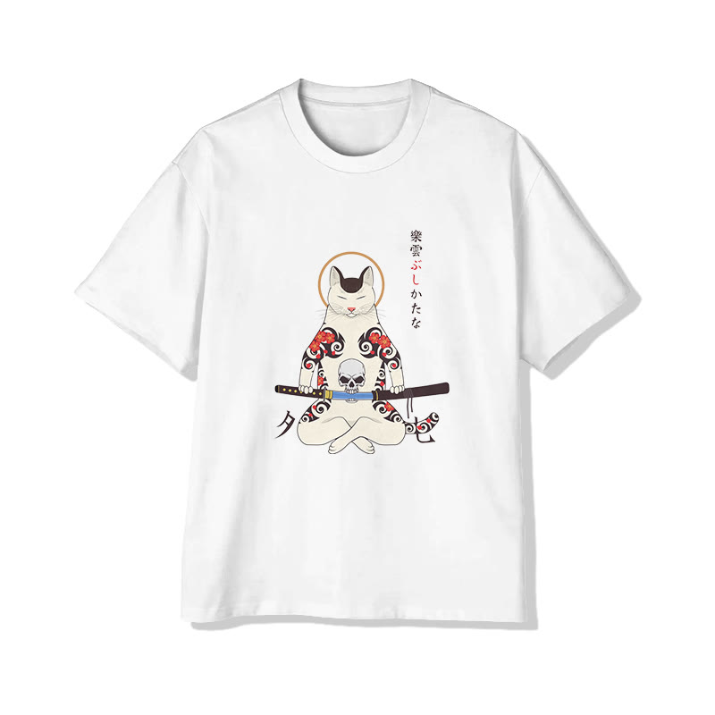 Unisex Japanese Samurai Cat Short Sleeve Crew Neck T-shirt - White - 2XL - image 1