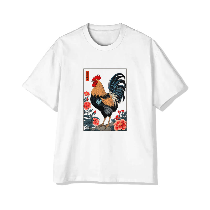 Unisex Retro Rooster Print Short Sleeve Crew Neck T-shirt - White - 2XL - image 2