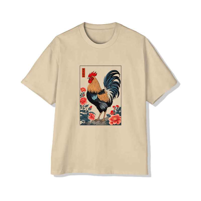 Unisex Retro Rooster Print Short Sleeve Crew Neck T-shirt - Apricot - 2XL - image 3