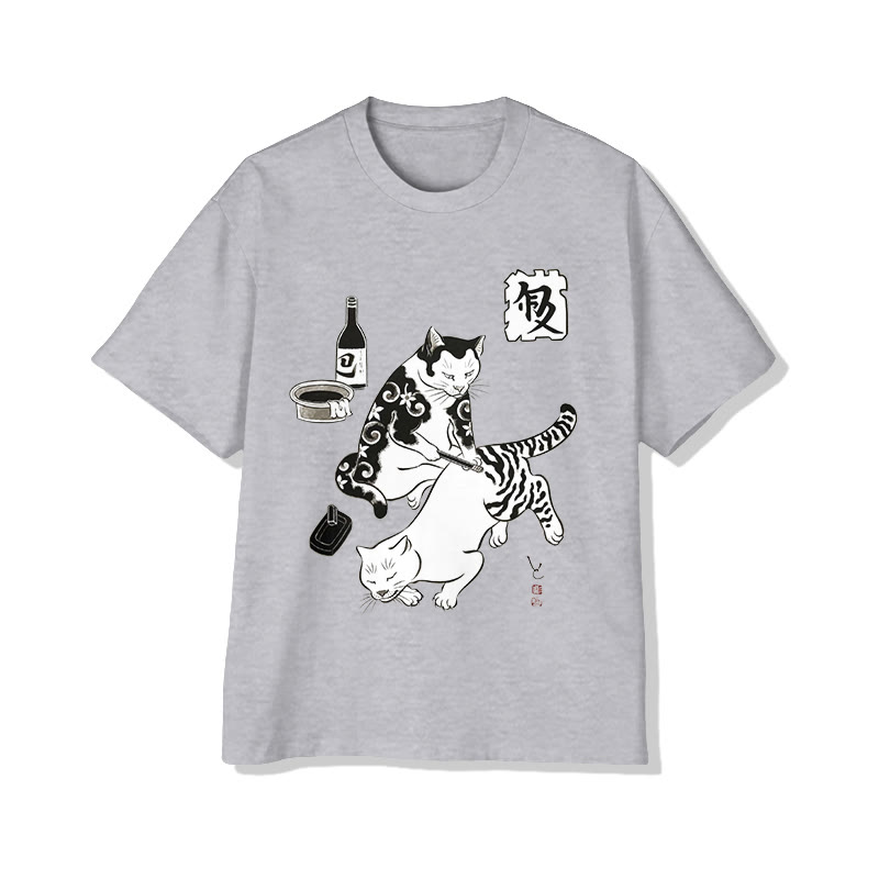 Unisex Retro Japanese Art Print Short Sleeve Crew Neck T-shirt - Grey - 2XL - image 2