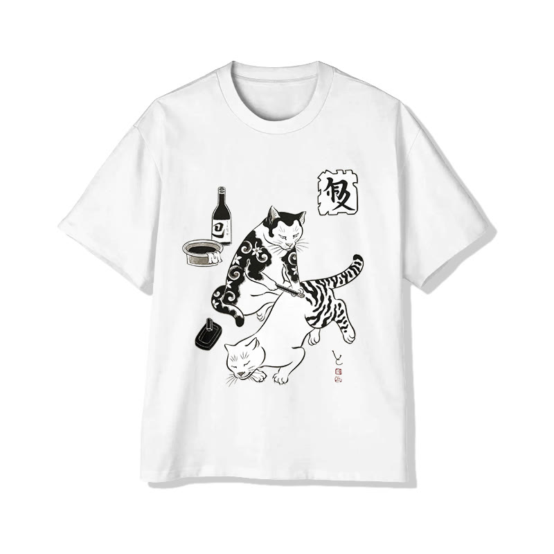 Unisex Retro Japanese Art Print Short Sleeve Crew Neck T-shirt - White - 2XL - image 1