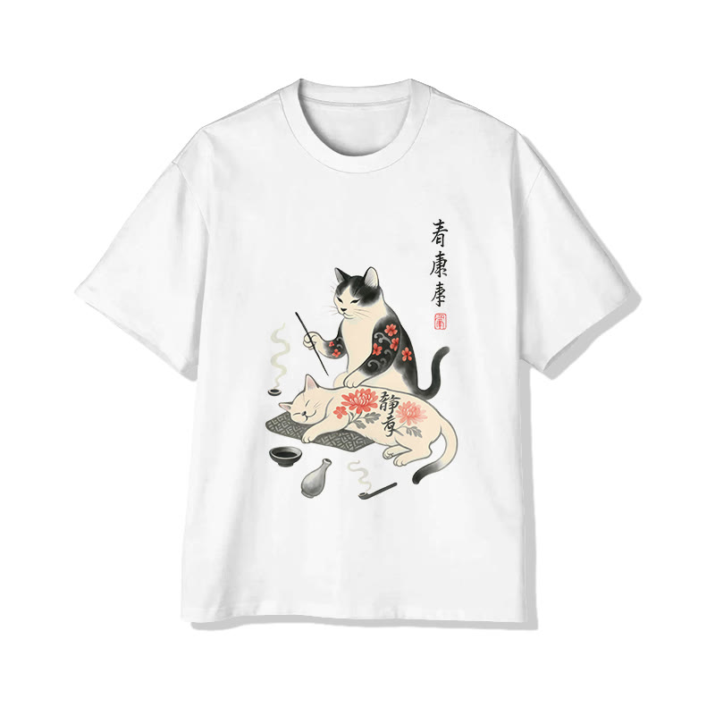 Unisex Vintage Japanese Art Print Short Sleeve Crew Neck T-shirt - White - 2XL - image 1