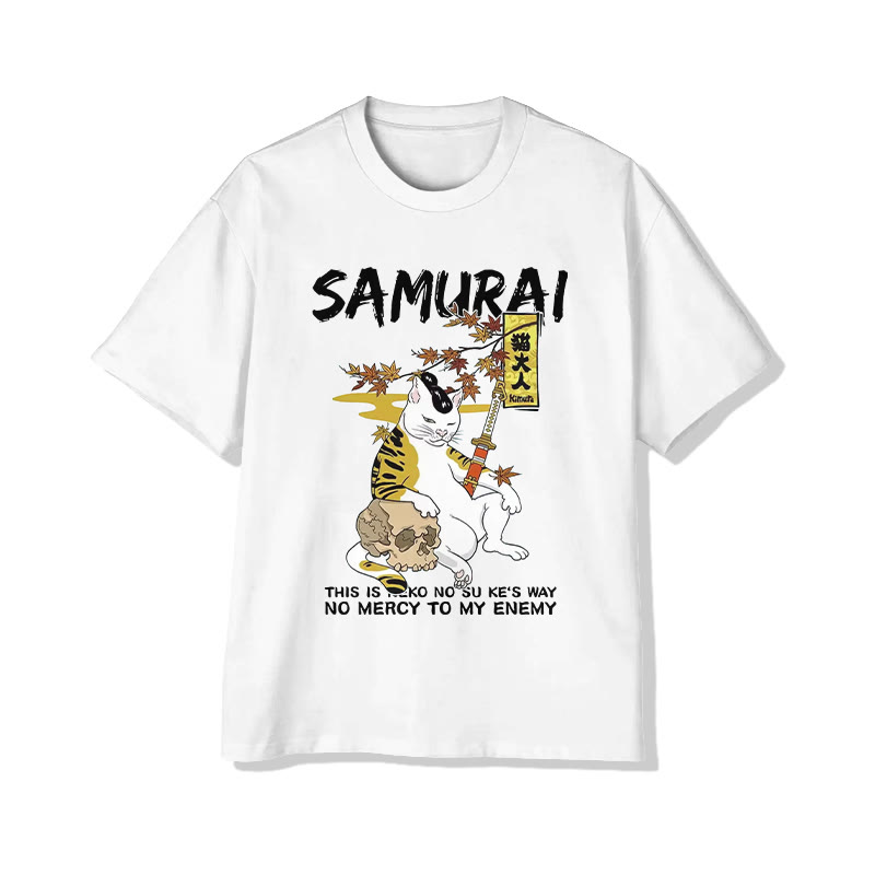 Unisex Vintage Japanese Samurai Cat Print Short Sleeve Crew Neck T-shirt - White - 2XL - image 1