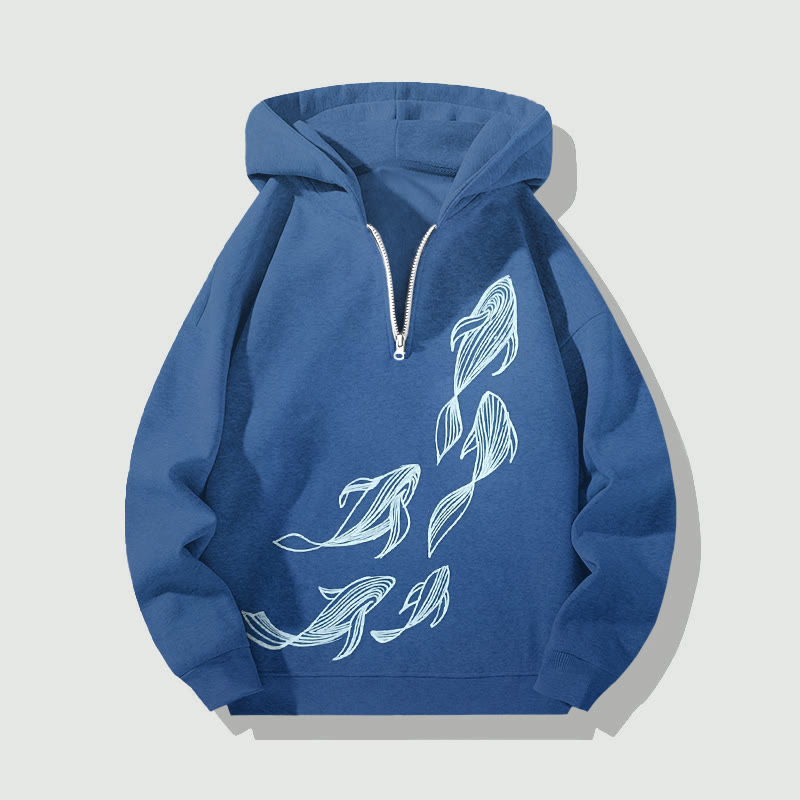 Unisex Oceanic Fish School Formations Pattern Half Zip Hooded - Dark Blue - US32-34(5XL) - image 1