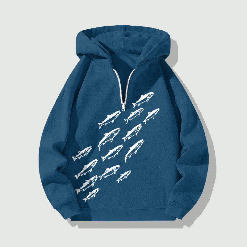 Unisex Deep Sea Fish Print Half Zip Hooded - Dark Blue - US32-34(5XL) - image 1