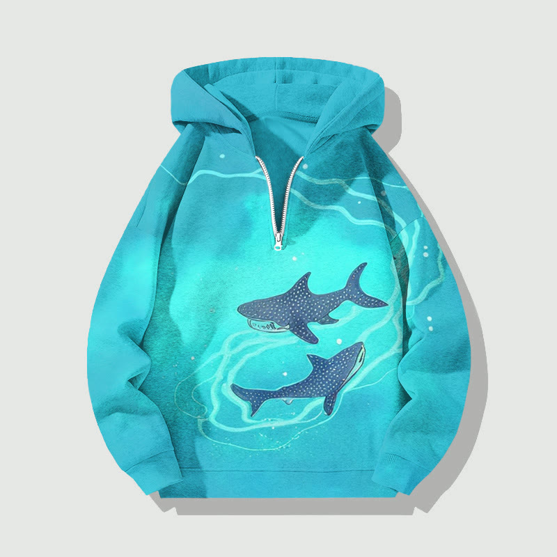 Unisex Ocean Whales  Print Half Zip Hooded - Blue - US32-34(5XL) - image 1