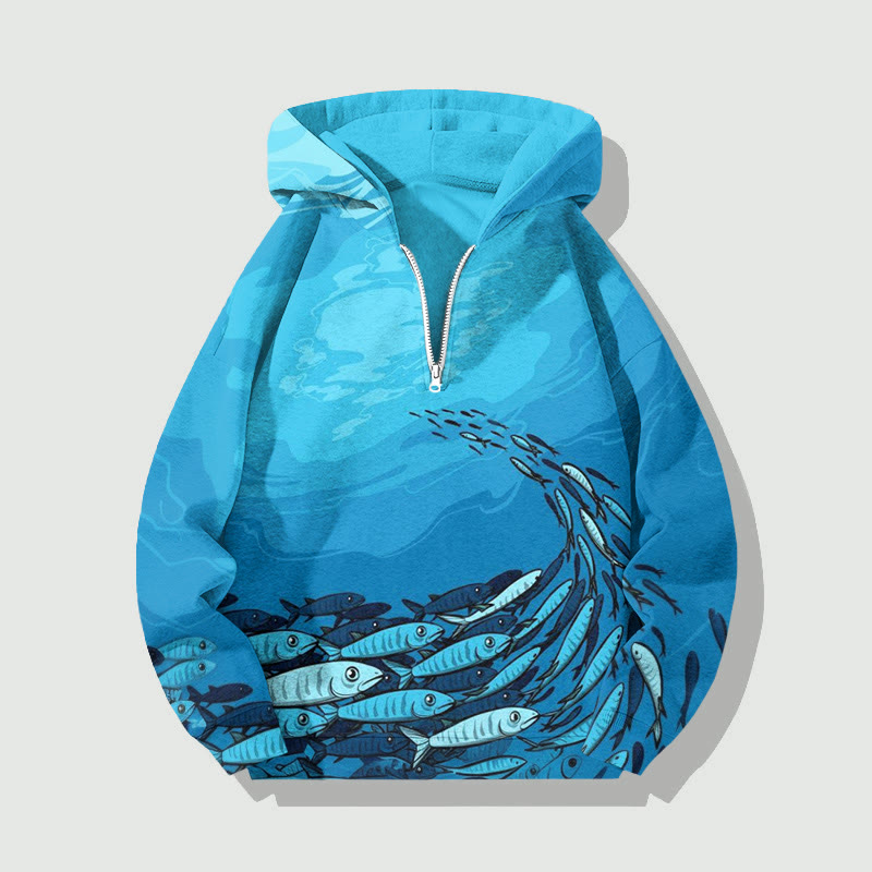 Unisex Oceanic Swirling Schools Of Fish Print Half Zip Hooded - Blue - US32-34(5XL) - image 1