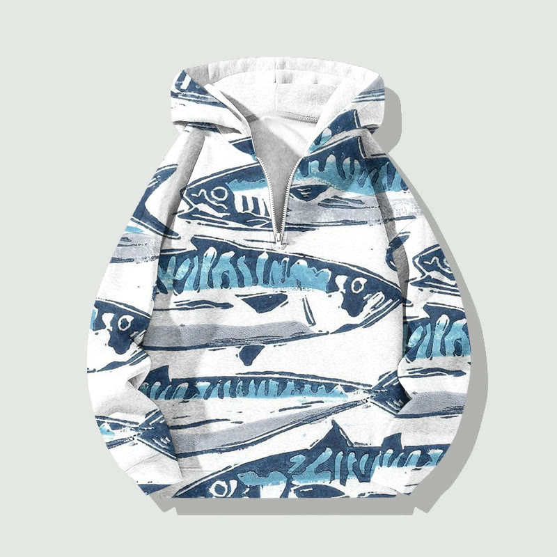 Unisex Retro Fish Art Print Half Zip Hooded - White - US32-34(5XL) - image 1