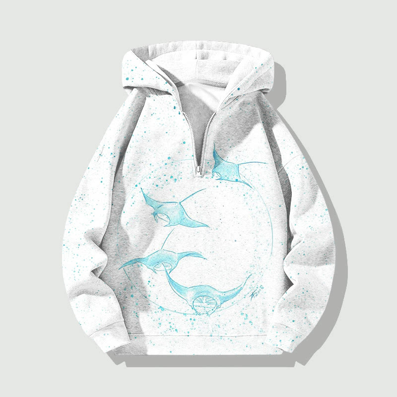 Unisex Retro Manta Ray Pattern Art Print Half Zip Hoodie - White - US32-34(5XL) - image 1