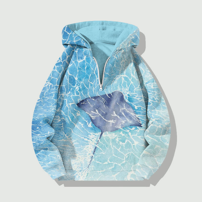 Unisex Retro Water Ripples Manta Ray Pattern Art Print Half Zip Hoodie - Light Blue - US32-34(5XL) - image 1