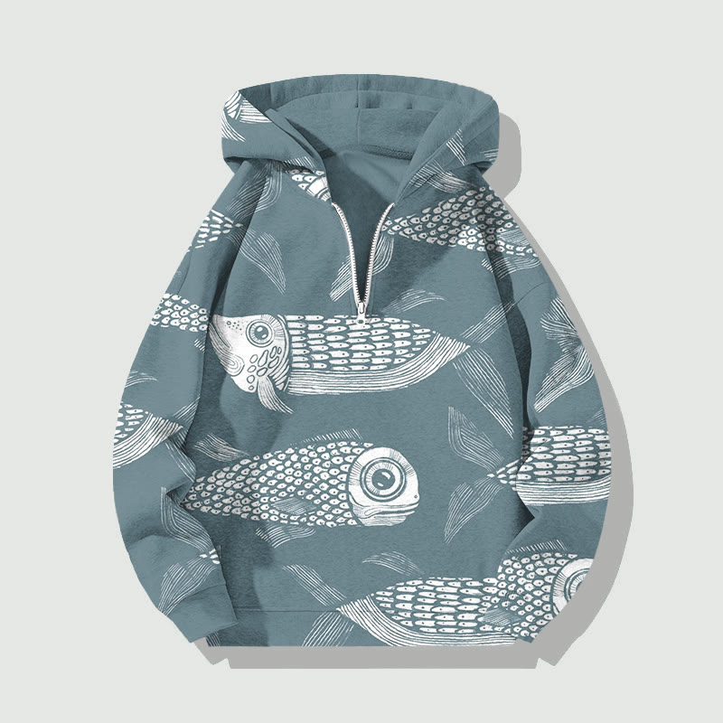 Unisex Japanese Style Retro School Of Fish Art Print Half Zip Hoodie - Blue - US32-34(5XL) - image 1