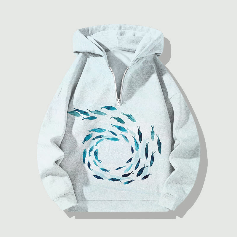 Unisex Swirling Fish Pattern Art Print Half Zip Hoodie - Light Blue - US32-34(5XL) - image 1