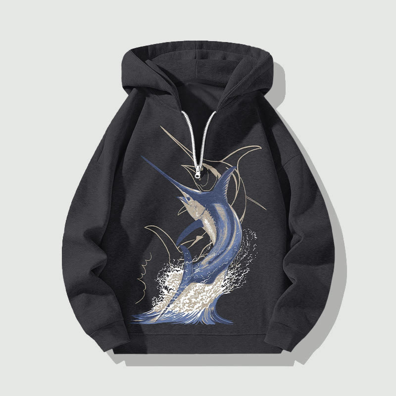 Unisex Ocean Sailfish Jumping Art  Pattern Half Zip Hoodie - Black - US32-34(5XL) - image 1